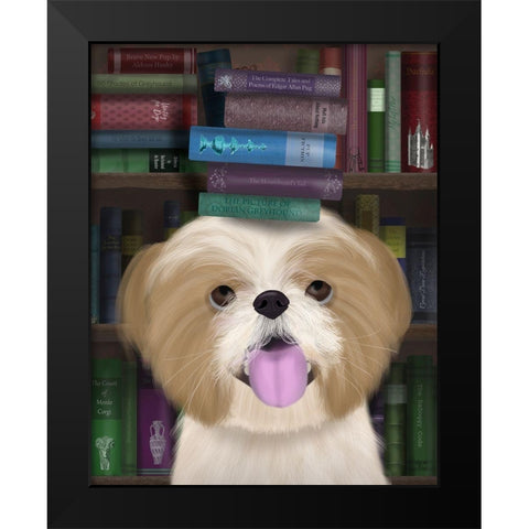 Shih Tsu and Books Black Modern Wood Framed Art Print by Fab Funky