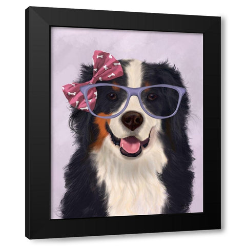 Bernese with Glasses and Bow Black Modern Wood Framed Art Print with Double Matting by Fab Funky