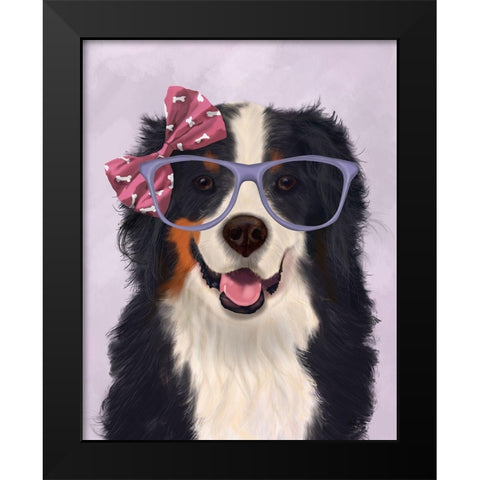 Bernese with Glasses and Bow Black Modern Wood Framed Art Print by Fab Funky