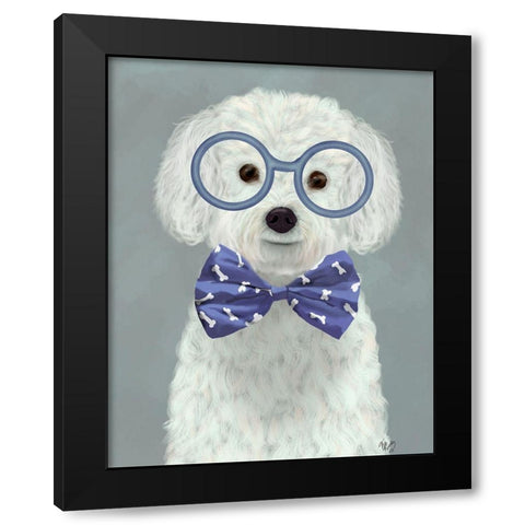 Bichon Frise with Glasses and Bow Tie Black Modern Wood Framed Art Print by Fab Funky
