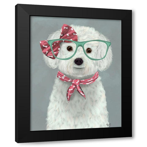 Bichon Frise with Glasses and Scarf Black Modern Wood Framed Art Print by Fab Funky