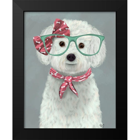 Bichon Frise with Glasses and Scarf Black Modern Wood Framed Art Print by Fab Funky