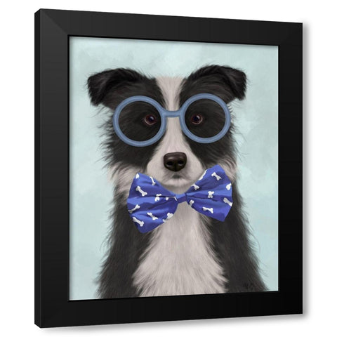 Border Collie, Black and White, with Glasses and Bow Tie Black Modern Wood Framed Art Print with Double Matting by Fab Funky