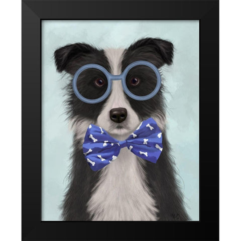 Border Collie, Black and White, with Glasses and Bow Tie Black Modern Wood Framed Art Print by Fab Funky
