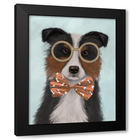 Border Collie, Tricolour, with Glasses and Bow Tie Black Modern Wood Framed Art Print by Fab Funky