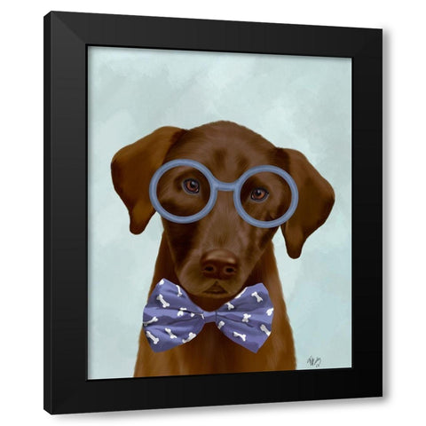 Chocolate Labrador with Glasses and Bow Tie Black Modern Wood Framed Art Print by Fab Funky