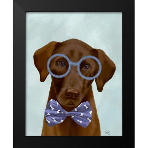 Chocolate Labrador with Glasses and Bow Tie Black Modern Wood Framed Art Print by Fab Funky