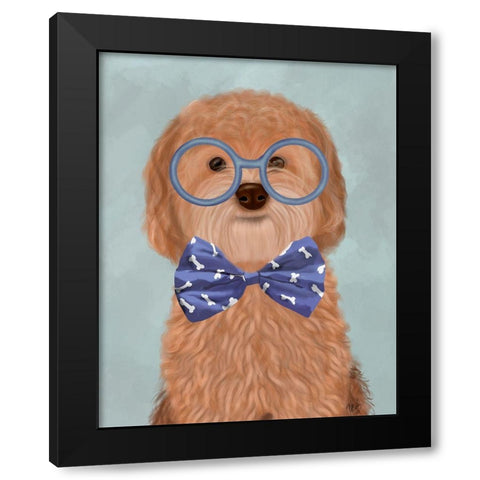 Cockerpoo, Apricot, with Glasses and Bow Tie Black Modern Wood Framed Art Print by Fab Funky