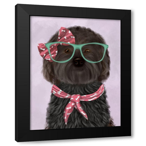 Cockerpoo, Black, with Glasses and Scarf Black Modern Wood Framed Art Print by Fab Funky