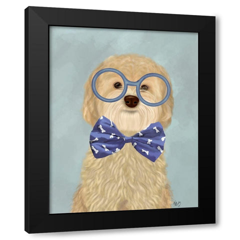 Cockerpoo, Blonde, with Glasses and Bow Tie Black Modern Wood Framed Art Print by Fab Funky
