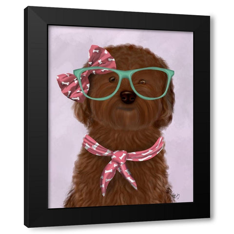 Cockerpoo, Chocolate, with Glasses and Scarf Black Modern Wood Framed Art Print with Double Matting by Fab Funky