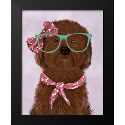 Cockerpoo, Chocolate, with Glasses and Scarf Black Modern Wood Framed Art Print by Fab Funky