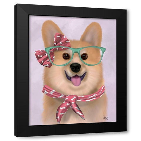Corgi with Glasses and Scarf Black Modern Wood Framed Art Print by Fab Funky