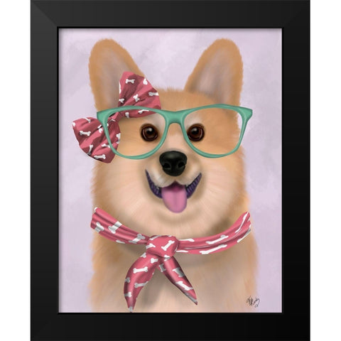 Corgi with Glasses and Scarf Black Modern Wood Framed Art Print by Fab Funky