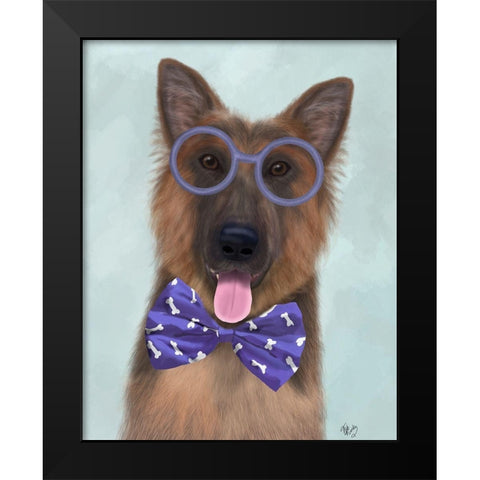 German Shepherd with Glasses and Bow Tie Black Modern Wood Framed Art Print by Fab Funky