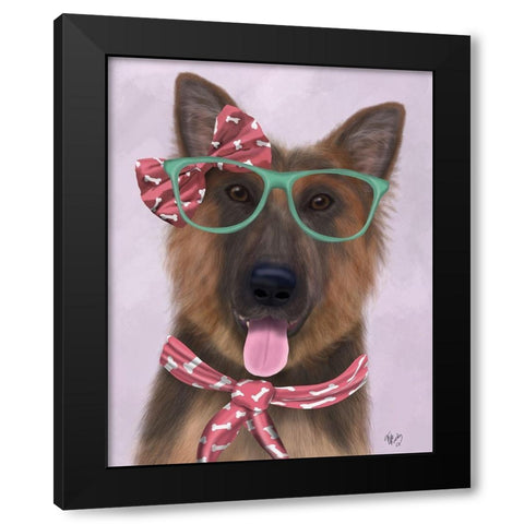 German Shepherd with Glasses and Scarf Black Modern Wood Framed Art Print by Fab Funky