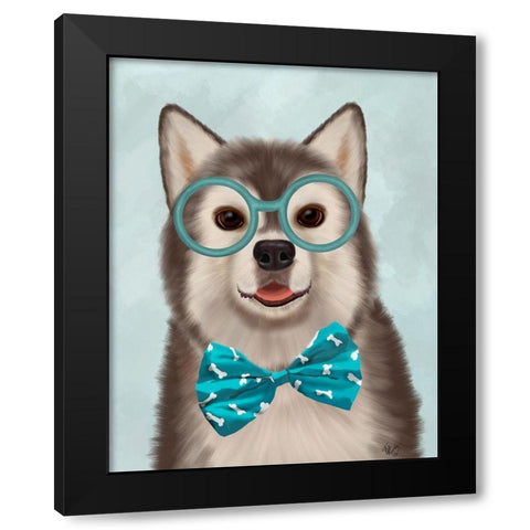 Husky with Glasses and Bow Tie Black Modern Wood Framed Art Print with Double Matting by Fab Funky