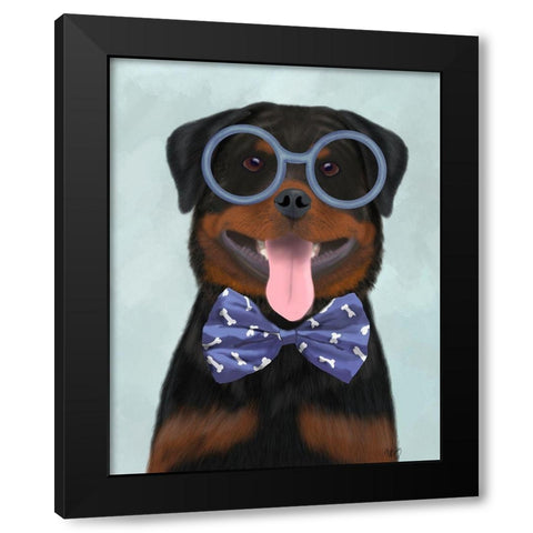 Rottweiler with Glasses and Bow Tie Black Modern Wood Framed Art Print by Fab Funky