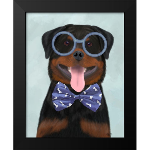 Rottweiler with Glasses and Bow Tie Black Modern Wood Framed Art Print by Fab Funky