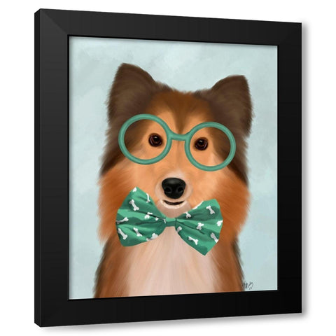 Shetland Sheepdog with Glasses and Bow Tie Black Modern Wood Framed Art Print by Fab Funky