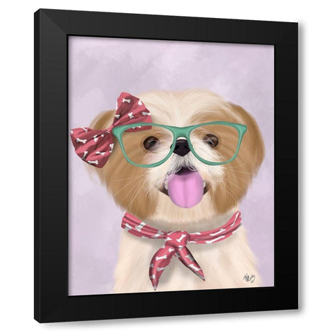 Shih Tsu with Glasses and Scarf Black Modern Wood Framed Art Print with Double Matting by Fab Funky