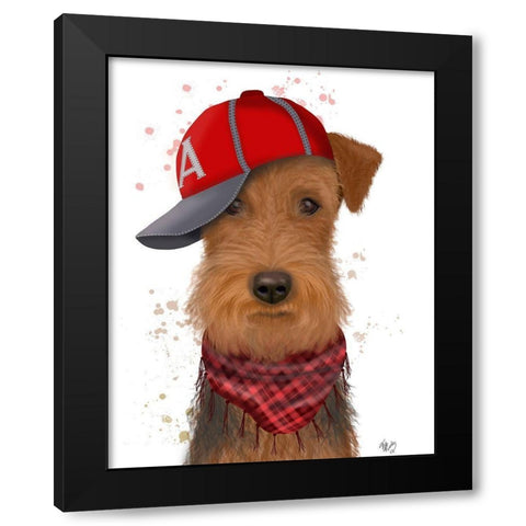 Airedale and Baseball Cap Black Modern Wood Framed Art Print by Fab Funky