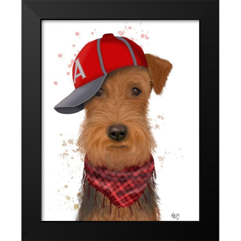 Airedale and Baseball Cap Black Modern Wood Framed Art Print by Fab Funky