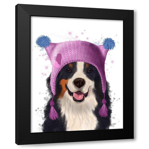 Bernese And Bobble Hat Black Modern Wood Framed Art Print by Fab Funky