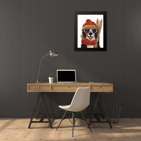 Bernese Ski Dog Black Modern Wood Framed Art Print by Fab Funky