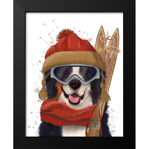 Bernese Ski Dog Black Modern Wood Framed Art Print by Fab Funky