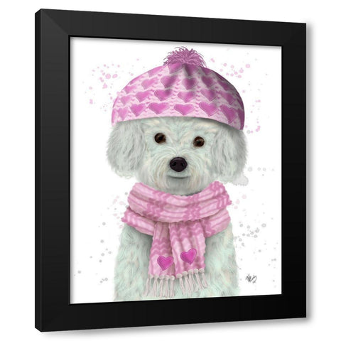 Bichon Frise in Pink Bobble Hat Black Modern Wood Framed Art Print by Fab Funky