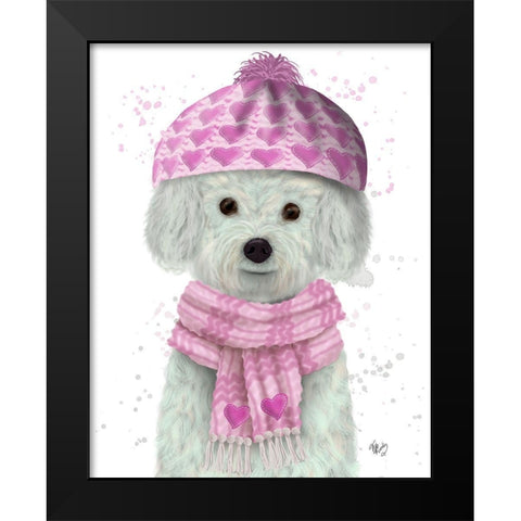 Bichon Frise in Pink Bobble Hat Black Modern Wood Framed Art Print by Fab Funky