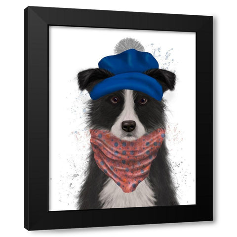 Border Collie in Blue Bobble Hat Black Modern Wood Framed Art Print by Fab Funky