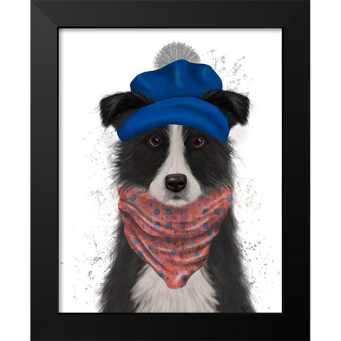 Border Collie in Blue Bobble Hat Black Modern Wood Framed Art Print by Fab Funky