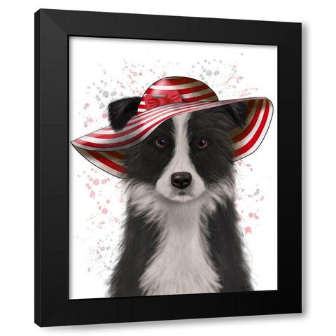 Border Collie in Red and White Floppy Hat Black Modern Wood Framed Art Print by Fab Funky