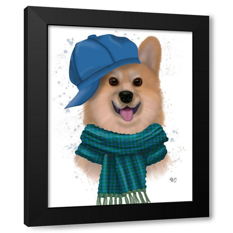 Corgi Baseball Hat and Scarf Black Modern Wood Framed Art Print by Fab Funky