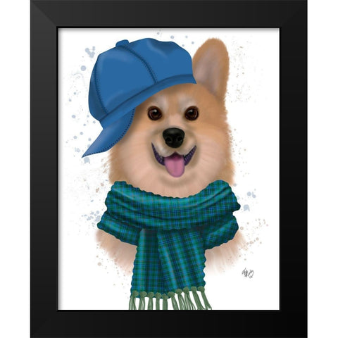 Corgi Baseball Hat and Scarf Black Modern Wood Framed Art Print by Fab Funky