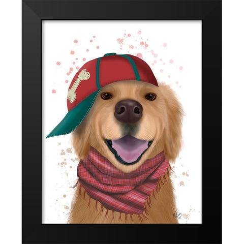Golden Retriever and Baseball Cap Black Modern Wood Framed Art Print by Fab Funky