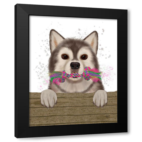 Husky and Rope Bone Black Modern Wood Framed Art Print by Fab Funky