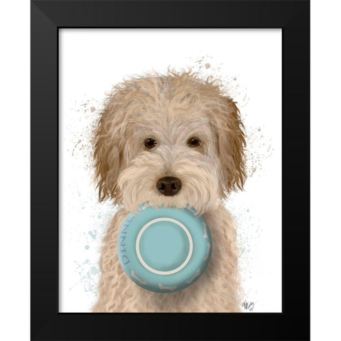 Labradoodle, Cream, Food Bowl Black Modern Wood Framed Art Print by Fab Funky