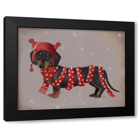 Dachshund and Long Scarf Black Modern Wood Framed Art Print by Fab Funky