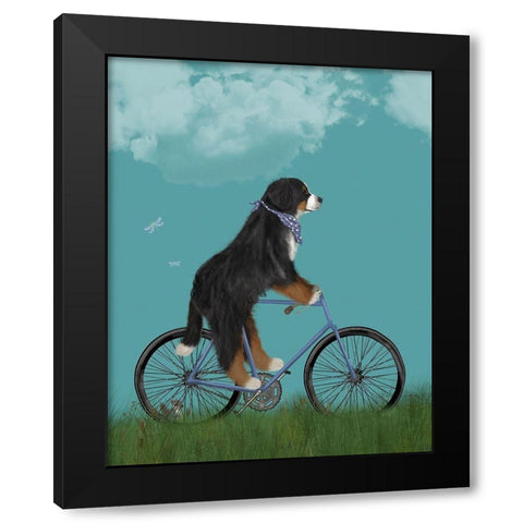 Bernese on Bicycle - Sky Black Modern Wood Framed Art Print by Fab Funky