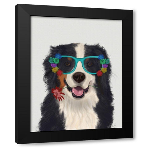 Bernese and Flower Glasses  Black Modern Wood Framed Art Print by Fab Funky