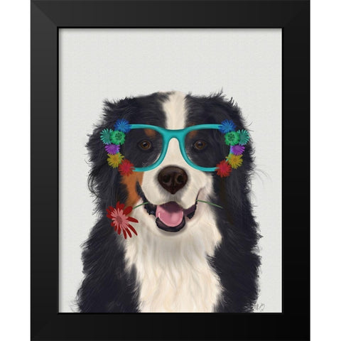 Bernese and Flower Glasses  Black Modern Wood Framed Art Print by Fab Funky