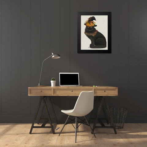 Black Cat with Autumn Hat, Full Black Modern Wood Framed Art Print by Fab Funky