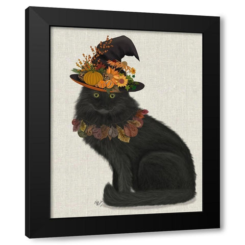 Black Cat with Autumn Hat, Full Black Modern Wood Framed Art Print by Fab Funky
