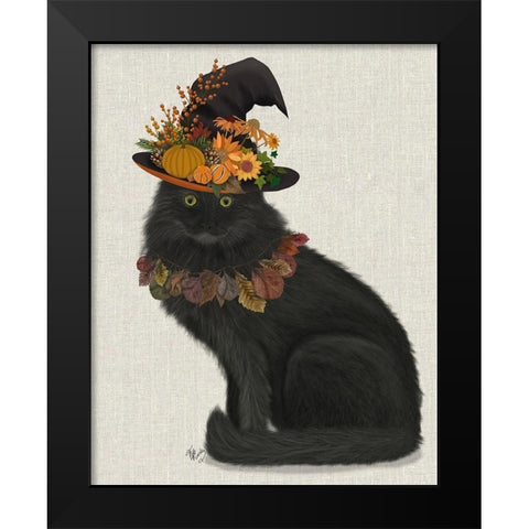 Black Cat with Autumn Hat, Full Black Modern Wood Framed Art Print by Fab Funky