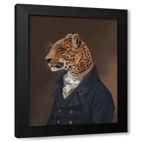 Leopard in Blue Jacket Black Modern Wood Framed Art Print by Fab Funky