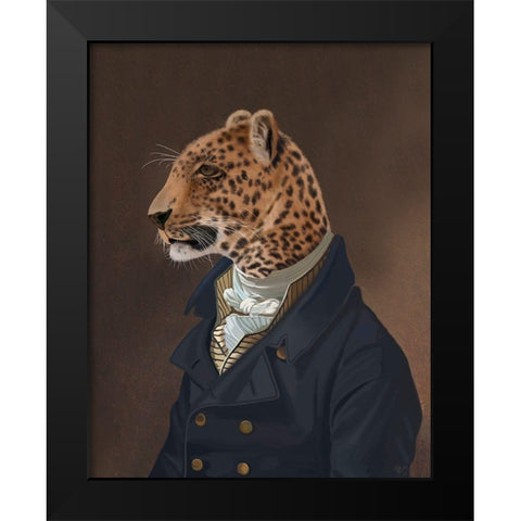 Leopard in Blue Jacket Black Modern Wood Framed Art Print by Fab Funky