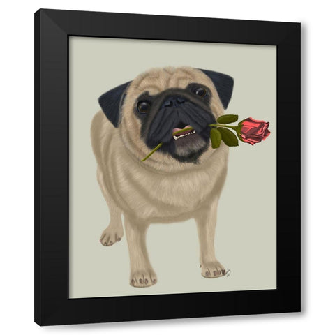 Pug and Rose Black Modern Wood Framed Art Print with Double Matting by Fab Funky